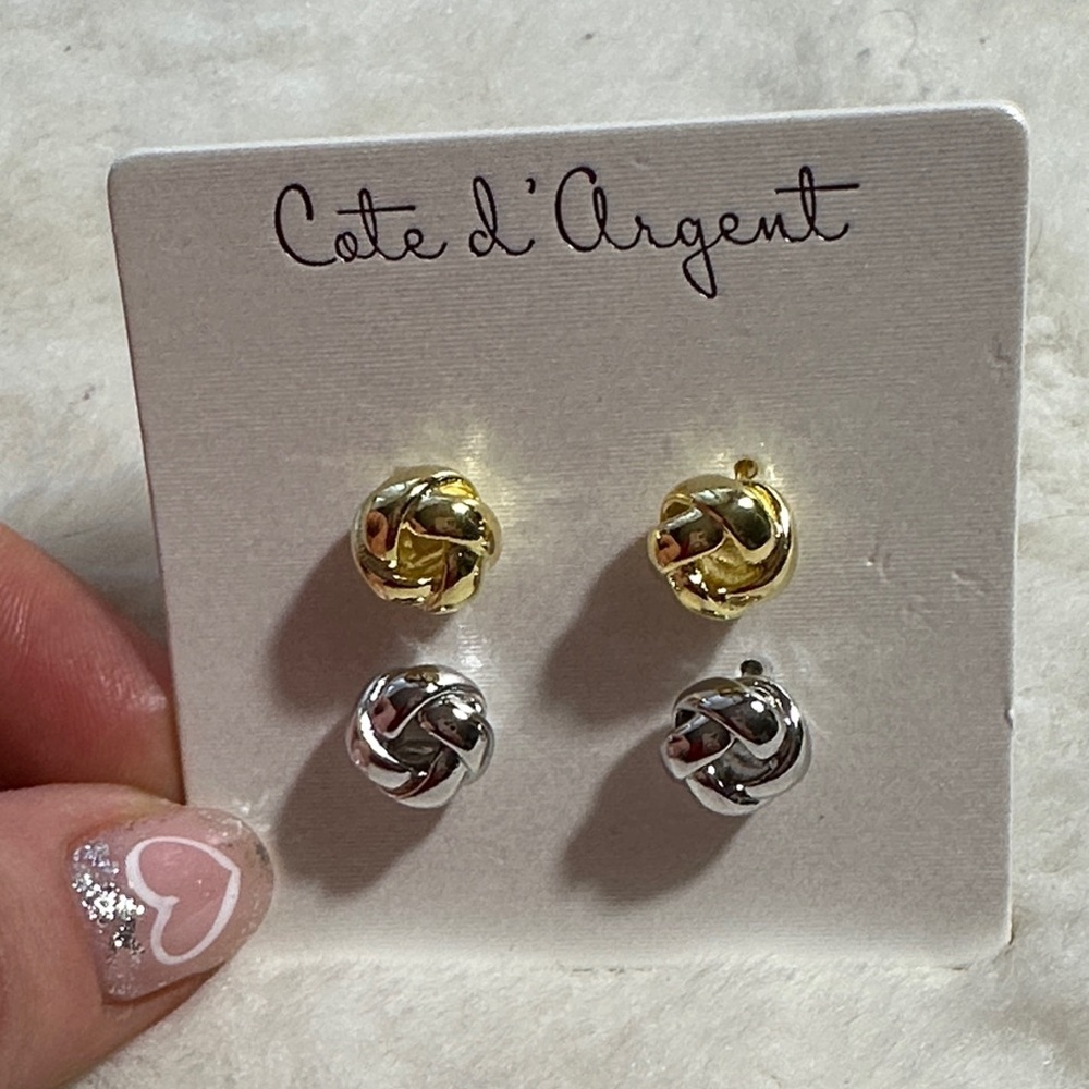 Cote d'Argent knot stud earrings are a set of two pairs